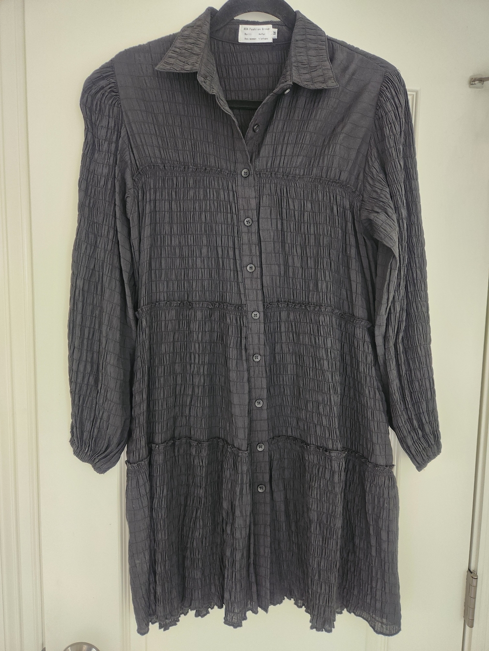 ASA Fashion Group BLACK Collared Tiered Crinkle Babydoll Dress Flowy Button Up